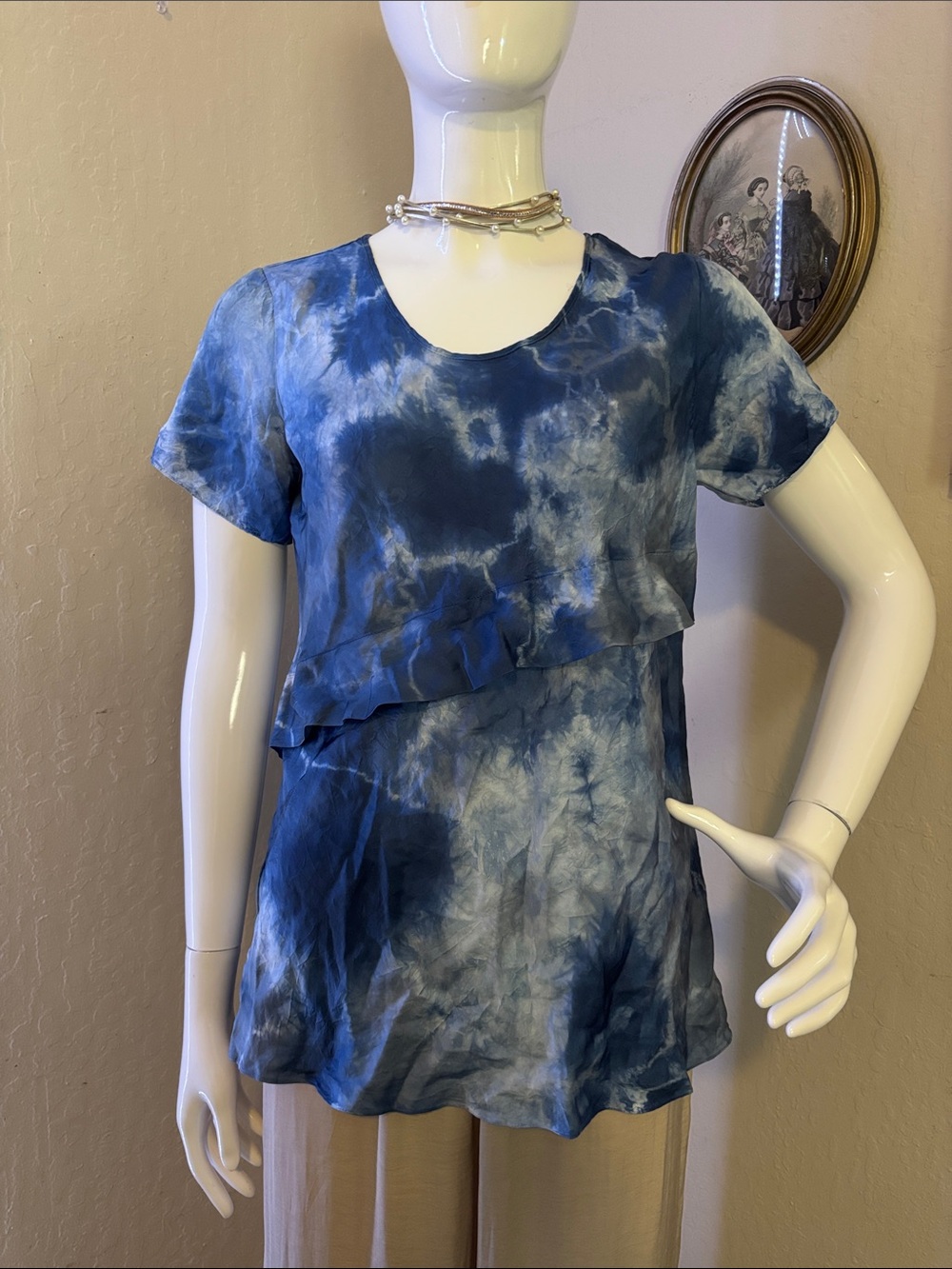 Blue Tie-Dye silk Short Sleeve Ruffle Layer Blouse